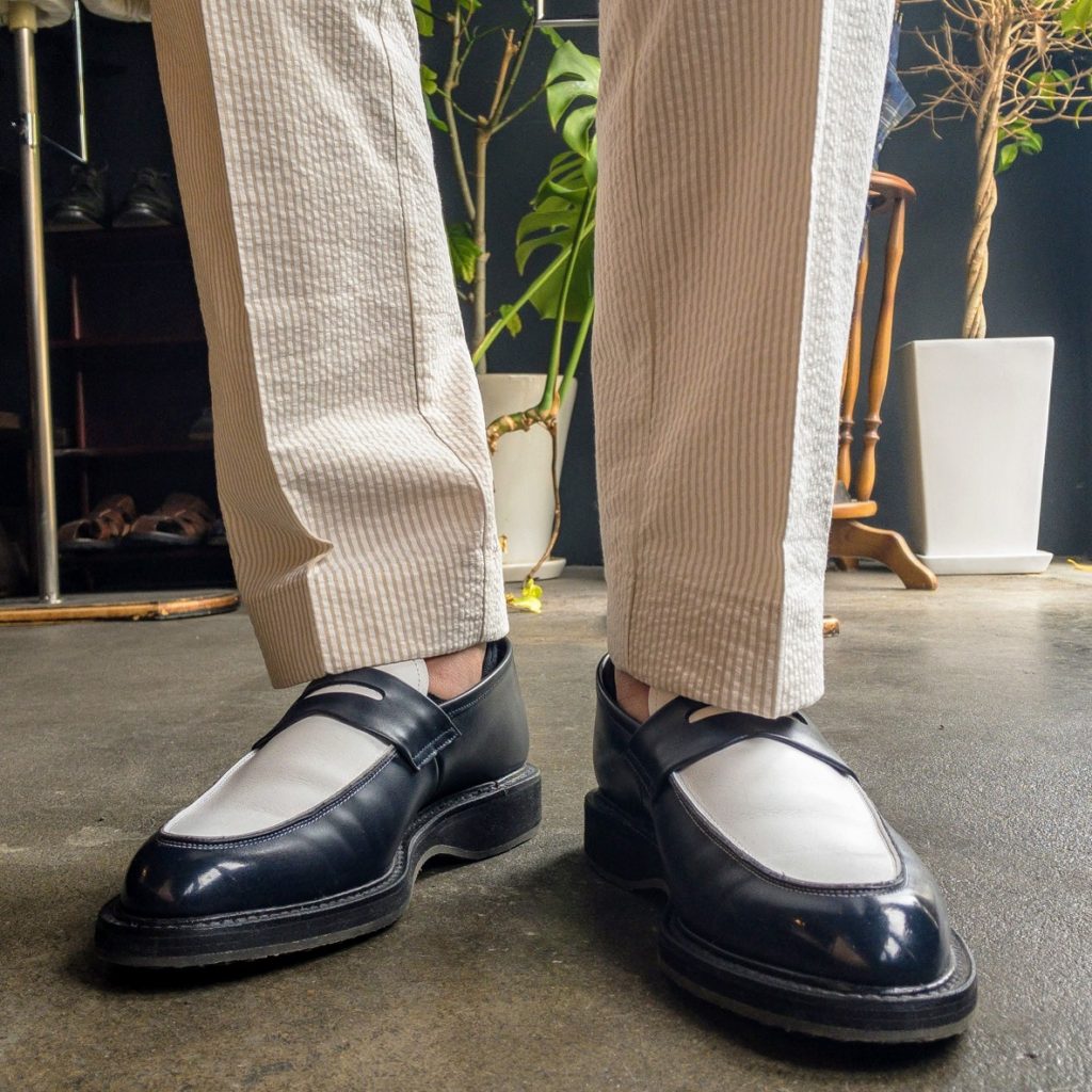 seersucker trousers and coin loafer